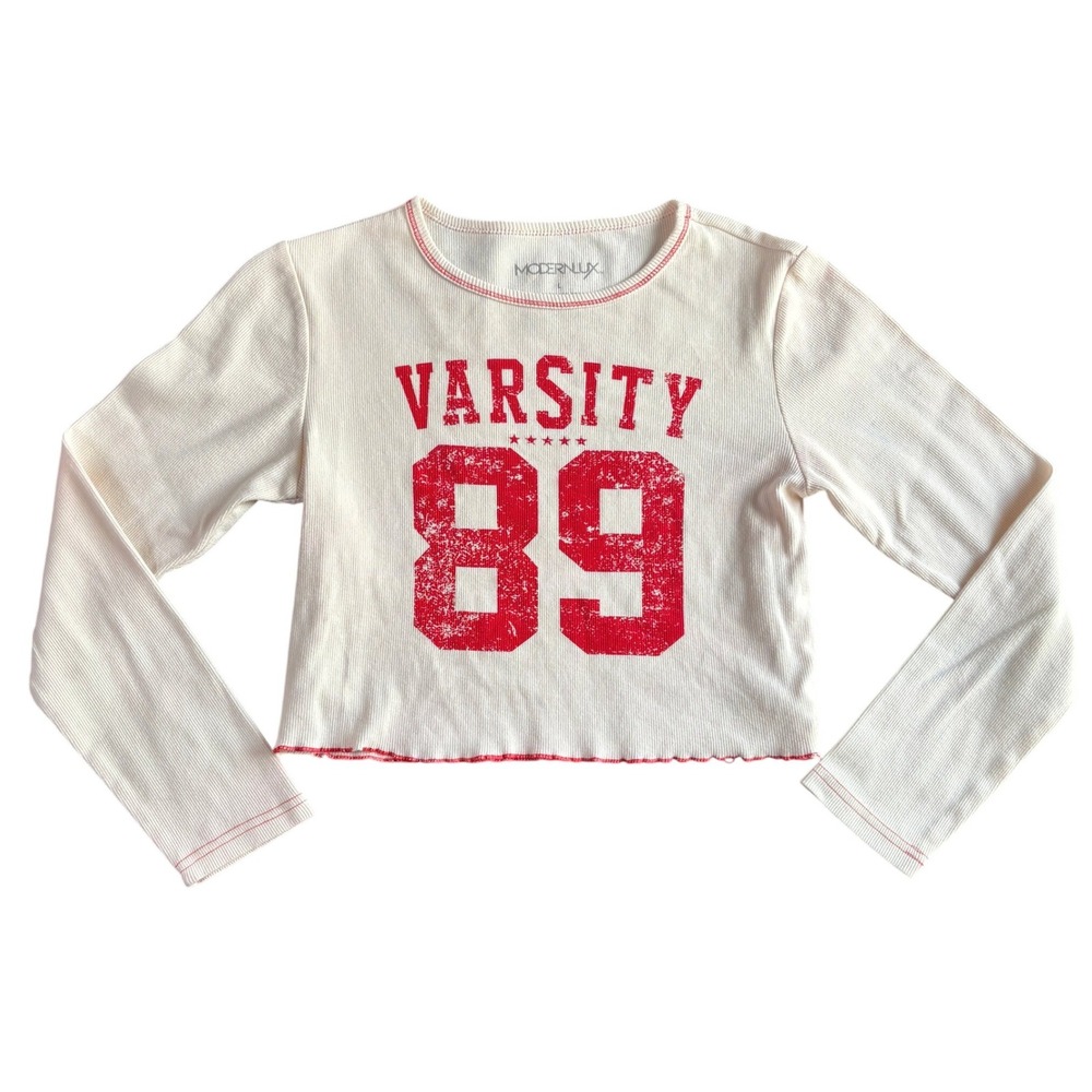 Modern Lux Varsity 89 Ribbed Crop Top Cream Red Long Sleeve Lettuce Hem Large